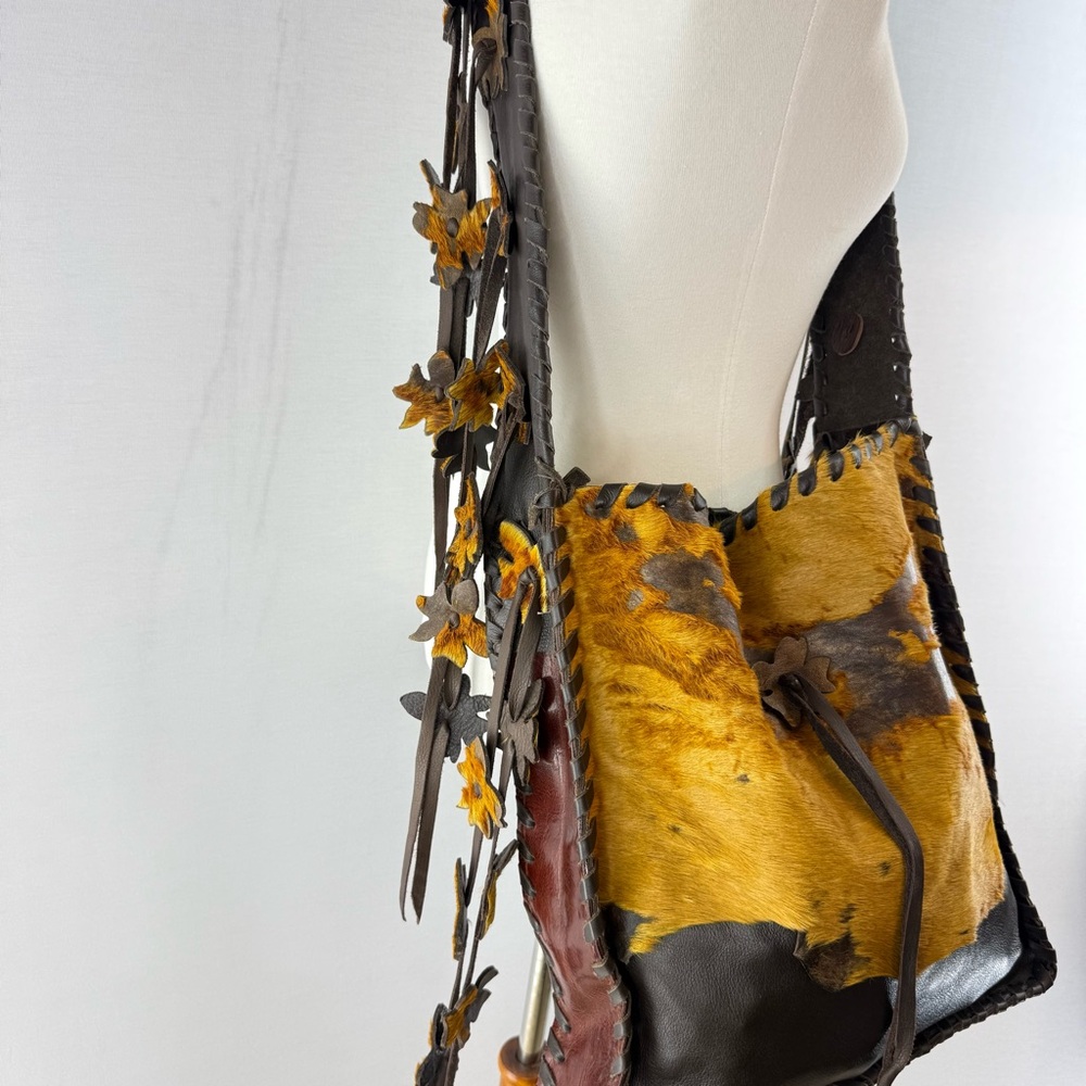 OOAK Artisan Handmade Leather Boho Bag Flower Fringe Strap - Picture 4 of 15